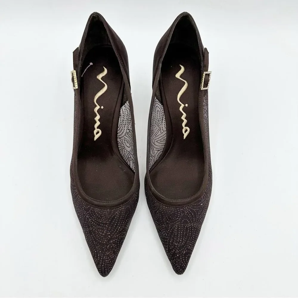 Women's Nina Cocoa Brown Sheer Glitter Satin Formal Pumps Heels Shoes size 8M‎